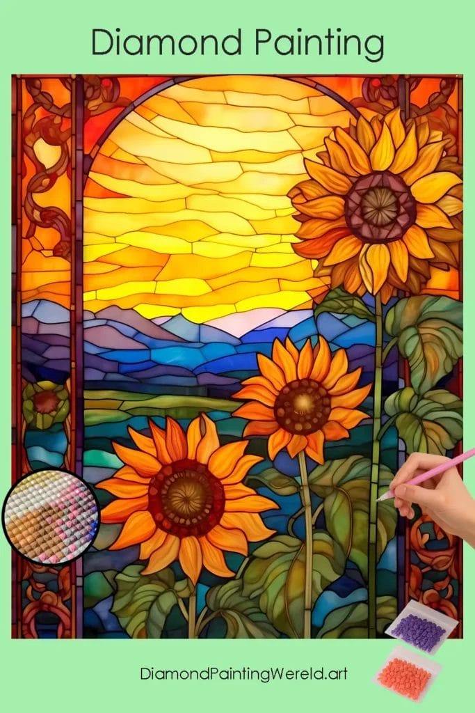 Schitterende Zonnebloemen in Glas-in-lood Stijl 1 Diamond Painting Wereld Amazing Sunflowers Stained Glass