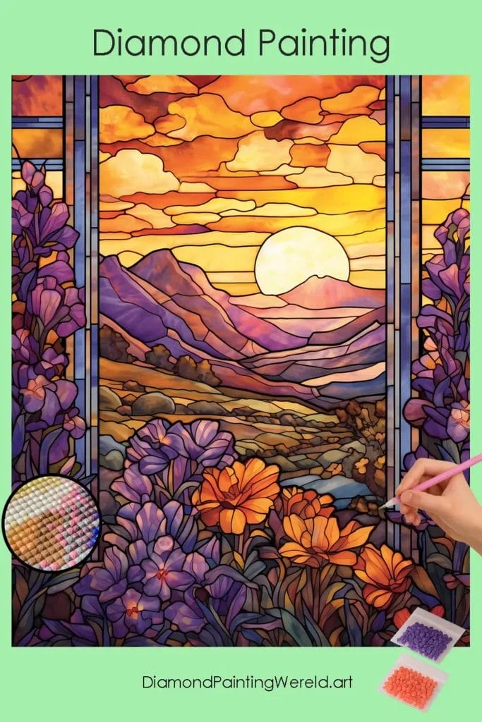 Glas-in-loodstijl Bergzonsopgang 1 Diamond Painting Wereld Sunrise in Mountains Stained Glass