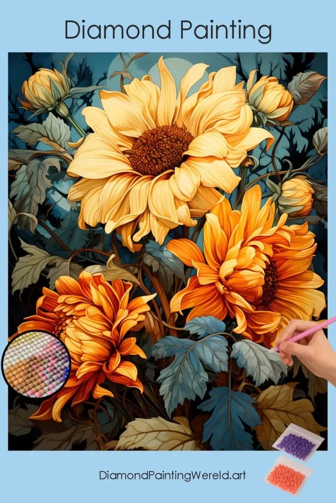 Zonnebloemen in de Schemering 1 Diamond Painting Wereld Sunflowers at Dusk