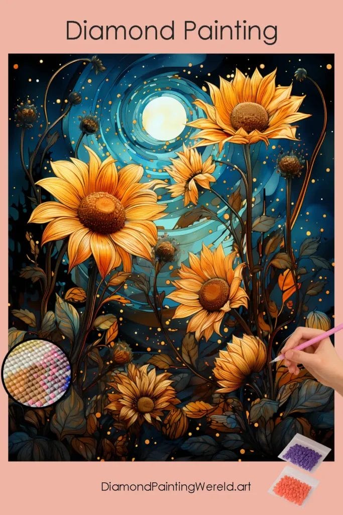 Betoverende Zonnebloemen bij Schemering 1 Diamond Painting Wereld Amazing Sunflowers at Dusk