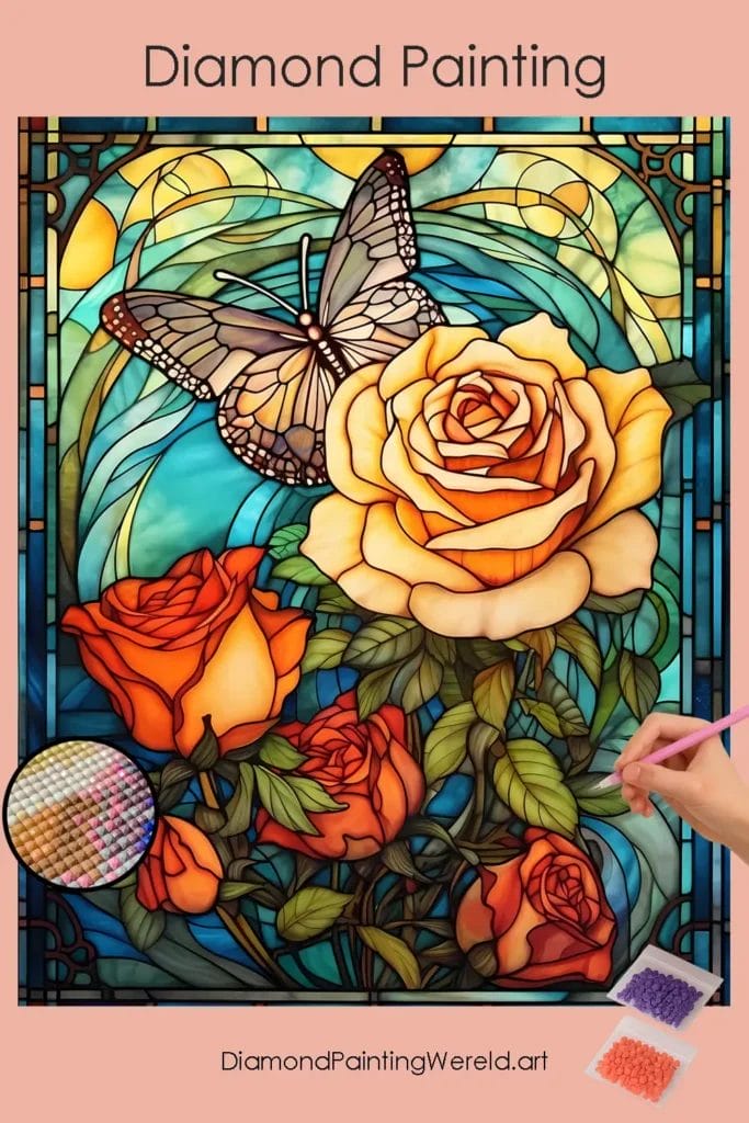 Roos en Vlinder Glas-in-lood Stijl 1 Diamond Painting Wereld Rose and Butterfly Stained Glass